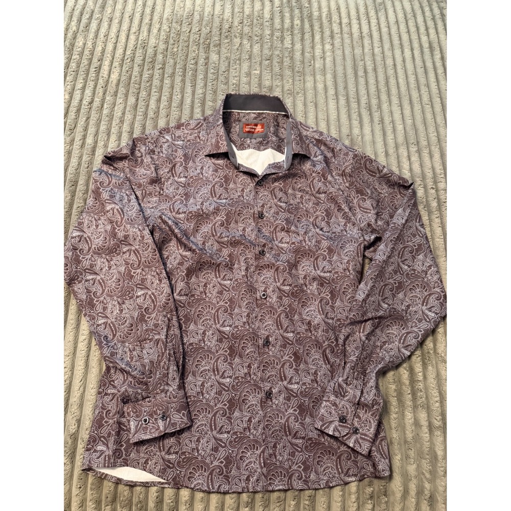 Consequence Mens Brown Paisley Long Sleeve Button Down Shirt Medium